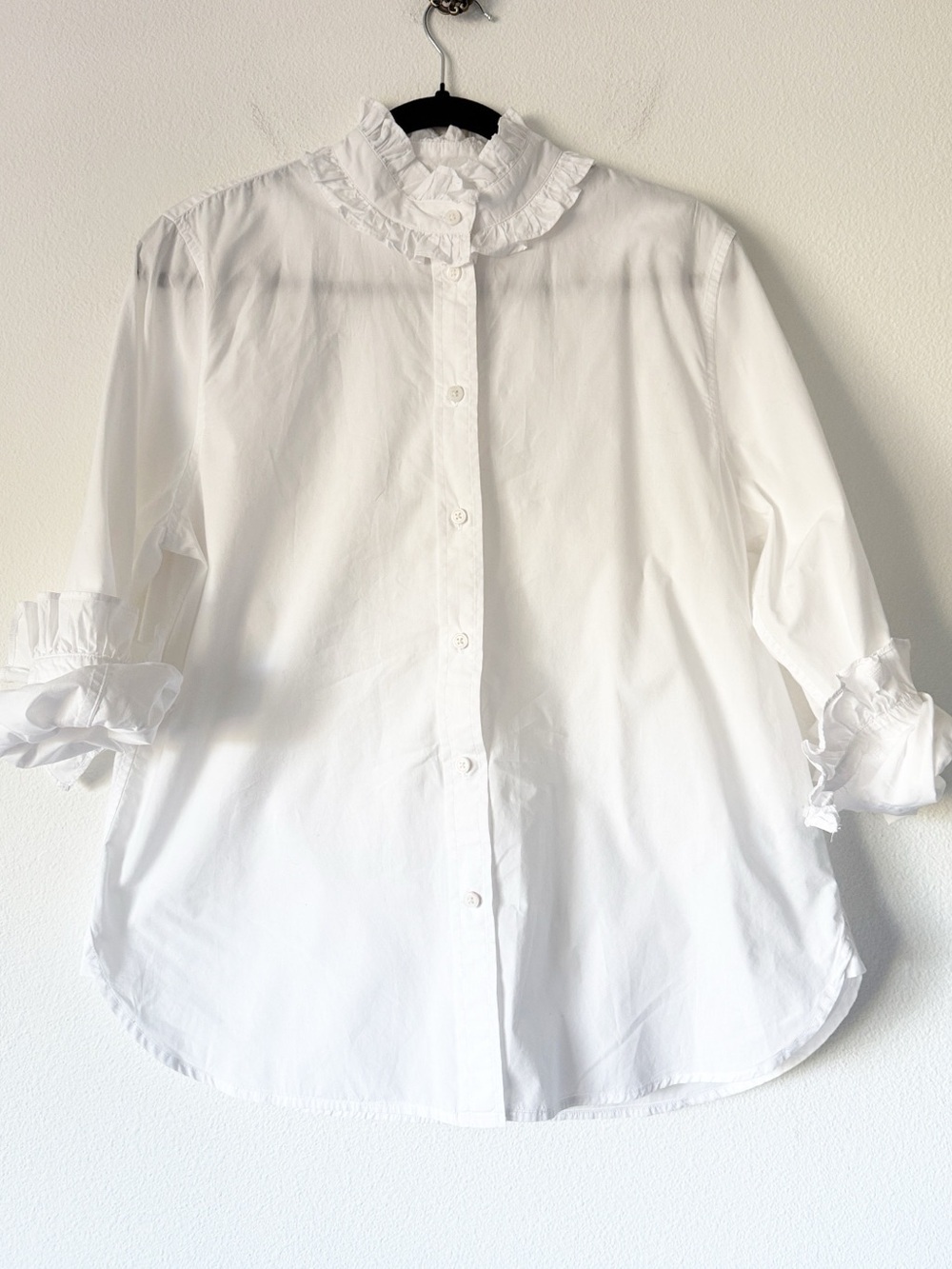 J Crew Women's White Ruffle-Collar Button-Up Shirt